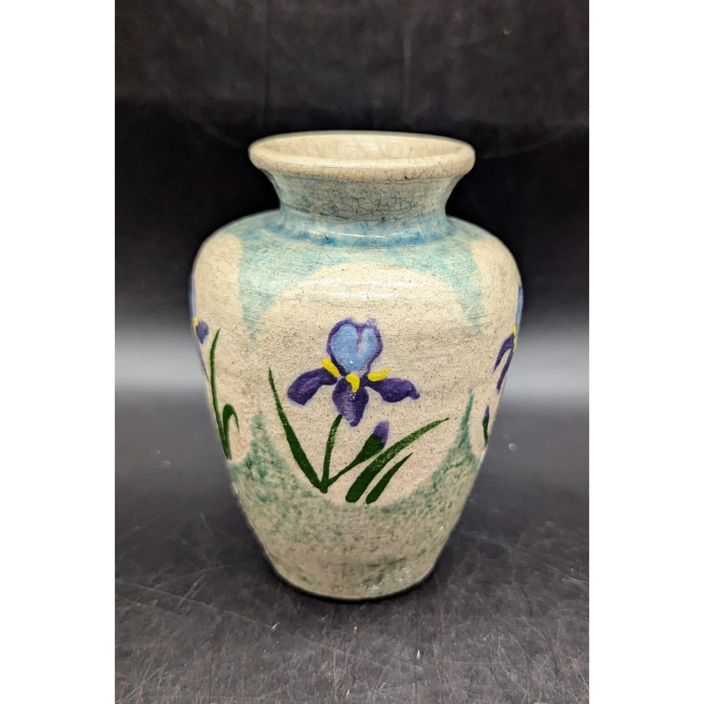 Vintage Raku Studio Art Pottery Miniature Vase 5" Flower Iris Handmade